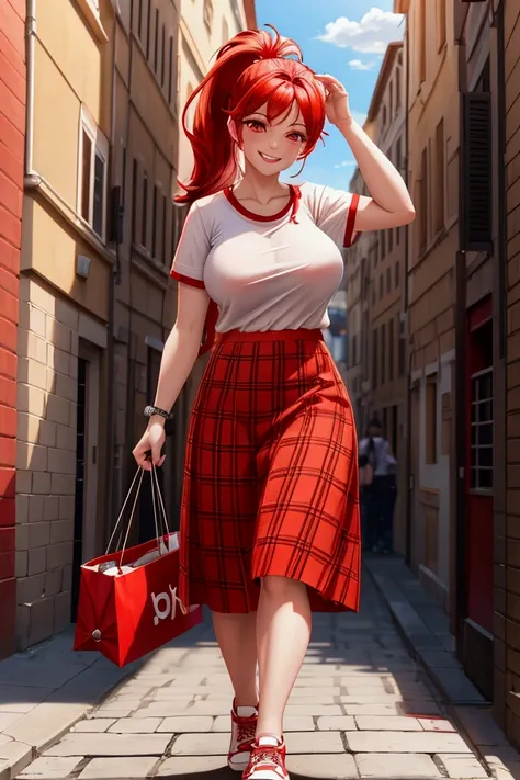 a woman wearing a red plaid open t-shirt, white shirt, red skirt, sports shoes, red hair, ponytail hair, orange eyes, big breasts, smiling, walking on a promenade in a traditional Roman city, daytime location,(woman solo), HDR, ultra resolution, sharp, mas...