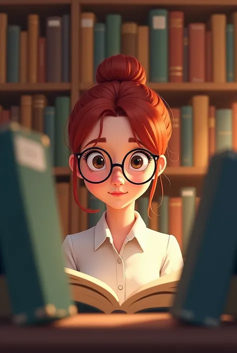 DISNEY, PIXAR STYLE COVER, CARTOON, This photo appears to capture a quiet and studious moment, set in what seems to be a library. Here’s a detailed description:

	1.	Subject:
	•	The subject is a young woman with a calm and focused expression.
	•	She has re...