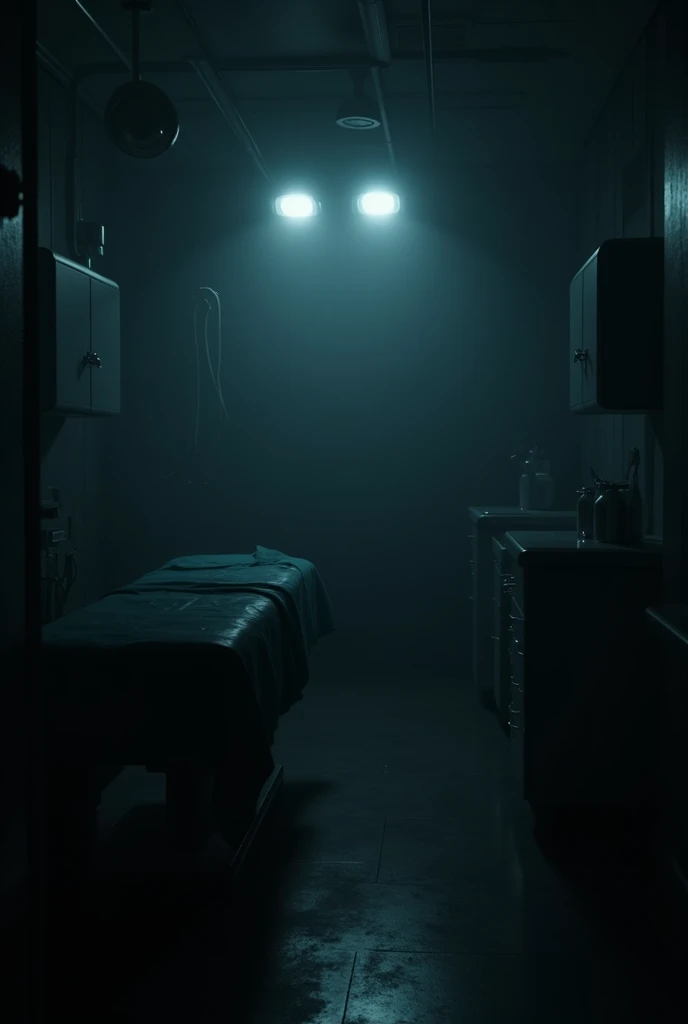 A pitch-black operation theater with faint outlines of surgical tools. A glowing pair of sinister eyes barely visible in the darkness.