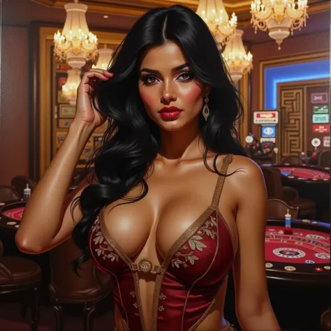 oil paint of a hot indian woman with big boobs working in a casino showing half of her body holding her hair
