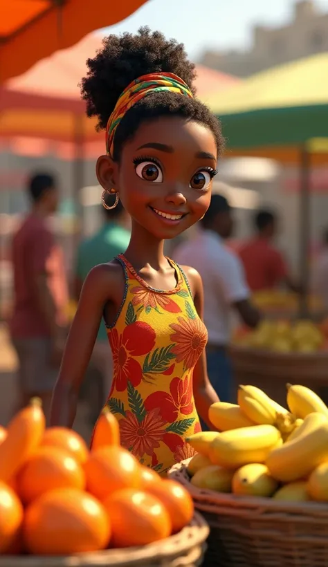 Une scène de marché africain vibrant avec des étals de fruits tropicaux : mangues, papayes, bananes. Fatou, rayonnante, est derrière son étal, souriante aux clients. Les gens autour delle sont occupés, rendant la scène vivante et colorée. 3D animation 