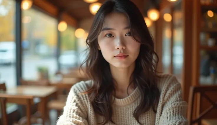 Close-up of a beautiful young Japanese woman sitting on a chair in a café on an autumn afternoon, looking at us.