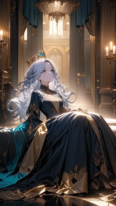 A woman, incomparably beautiful, with a dark blue dress, long silver hair, curly hair, wearing a blue jewel crown, lake blue eyes, a calm expression, very elegant, indifferent, leaning against the curtains, indoors, palaces, resplendent with gold, light go...