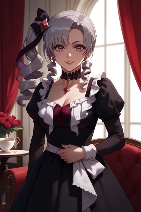 “An anime-style illustration of a cheerful and elegant young woman inspired by Hyakumantenbara Salome. She has long, wavy silver hair tied into a side ponytail with a black ribbon. Her eyes are captivating with a warm pink hue, exuding a playful and aristo...