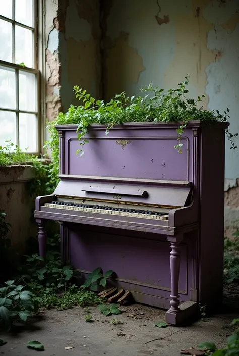 "Create a scene featuring an old, weathered upright piano painted in a faded purple color, positioned slightly off-center in an abandoned, overgrown building. The piano should appear dilapidated, with broken keys and peeling paint, surrounded by an environ...