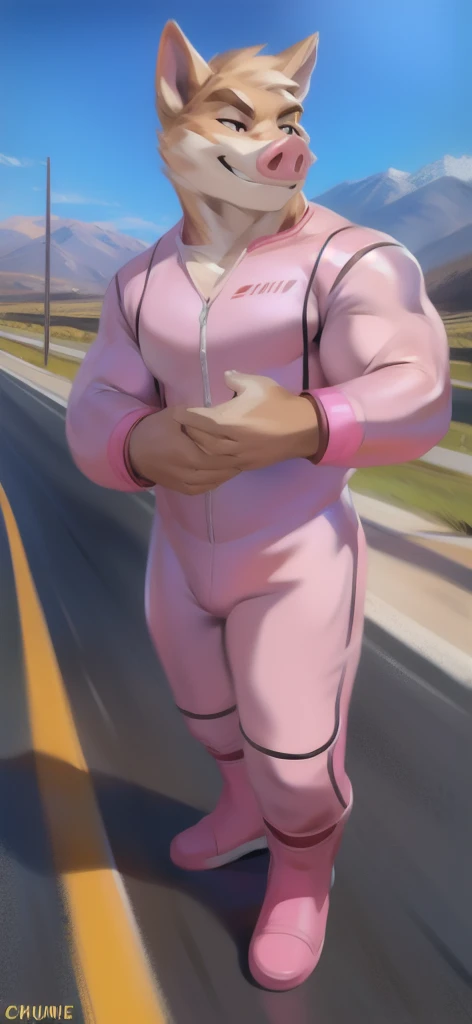  alone , female, stand, road,pig , Pink Military Spacesuit,  heavy overload,  Muscle Ties , Smirk, by chunie 