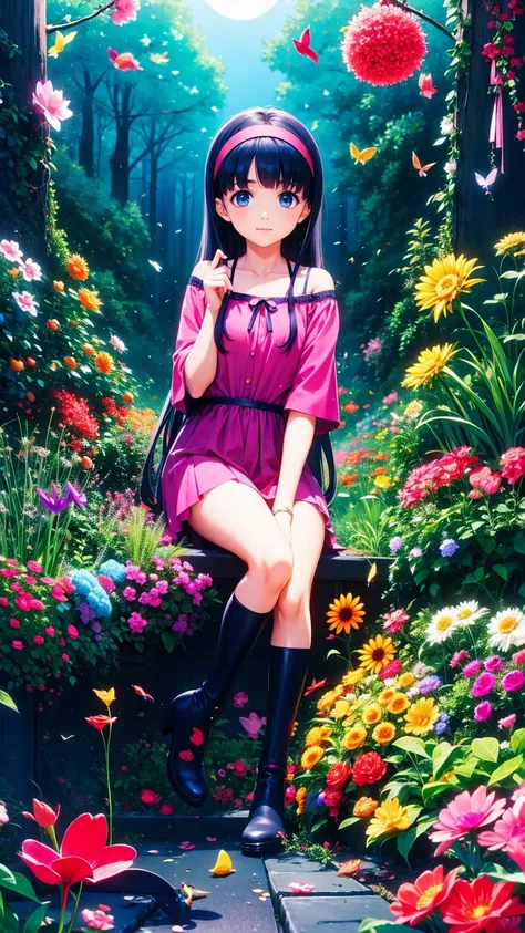   anime style、story、、   pretty girl 、とてもcute天使、  pink gothic dress  、cute、baby face、smile、  Long Skirt 、   black boots 、Very cute headband
