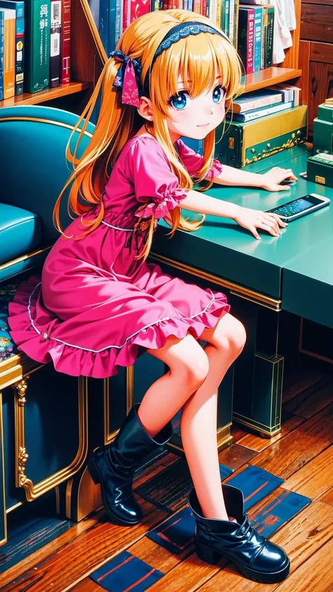   anime style、story、、   pretty girl 、とてもcute天使、  pink gothic dress  、cute、baby face、smile、  Long Skirt 、   black boots 、Very cute headband
