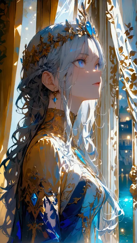 A woman, incomparably beautiful, with a dark blue dress, long silver hair, curly hair, wearing a blue jewel crown, lake blue eyes, a calm expression, very elegant, indifferent, leaning against the curtains, indoors, palaces, resplendent with gold, light go...