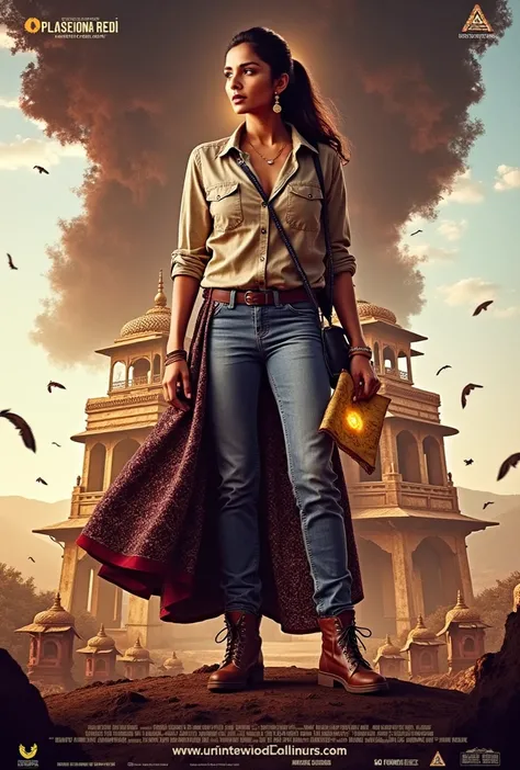 A captivating Bollywood movie poster centered on a young female archaeologist (24 years old) standing confidently in the foreground. She wears a stylish Indo-western outfit: denim jeans paired with a shirt and boots or a flowing navy-blue skirt with a maro...