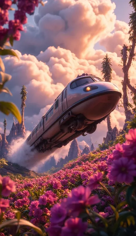 Time-Traveling Train, Encounter with the unknown, A train from the near future, ６４Both formations, Full autopilot ,  flying in the sky,  sonic boom,  runs through seven colored clouds