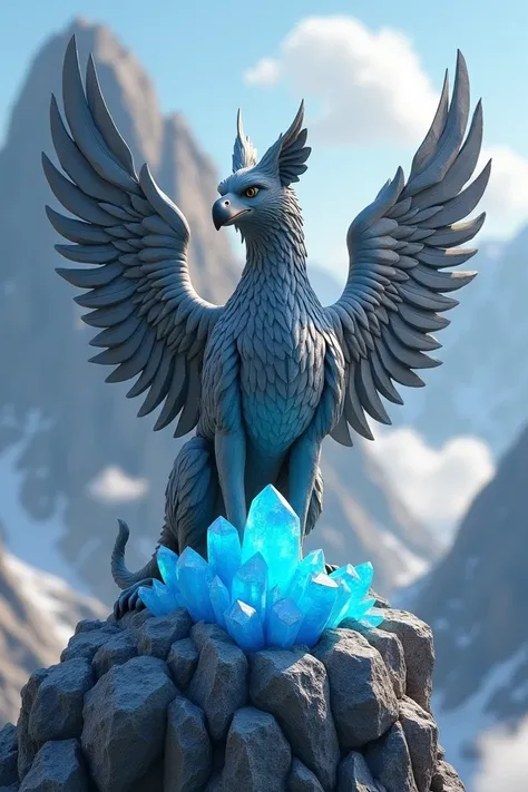 Grey stone griffin  guarding a blue crystals on a mountain peak 3d pixar style pic 