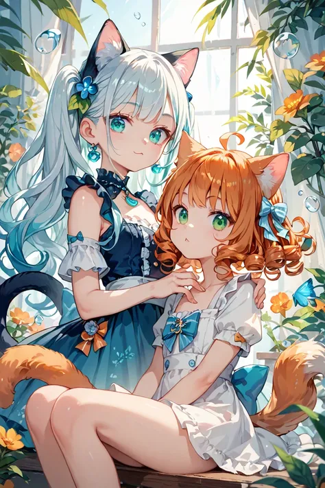 two anime girls , the first one with orange hair, long curly and green eyes,  dog ears and tail .  second with white hair ,  orange hair gradient, aquamarine eyes, cat tail and ears 