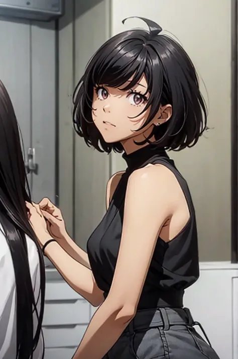 there is a picture of a male with female type hair like hair, solo, 1girl, black hair, looking at viewer, upper body, short hair, sleeveless, bare shoulders, from side