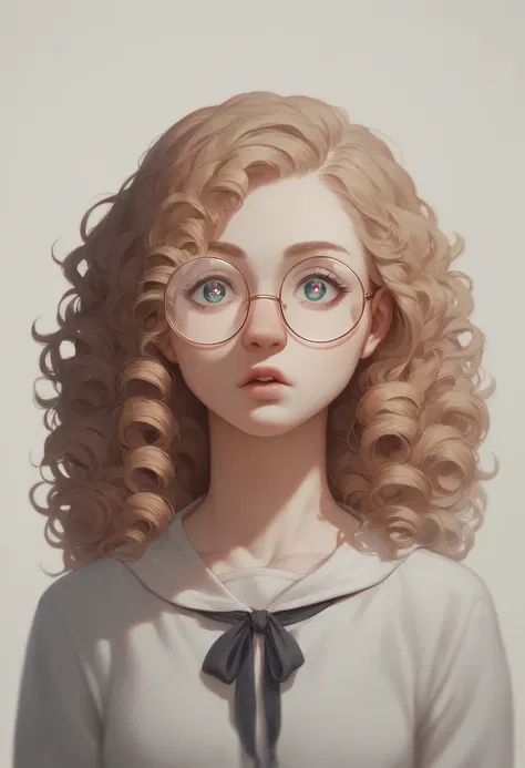 A manga-style character portrait of a young woman with thick, voluminous curly hair, wearing round glasses. She has soft, almond-shaped eyes, defined eyebrows, a small and slightly upturned nose, and full, natural lips. Her face is oval-shaped with smooth ...