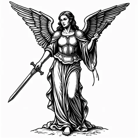 A detailed, black and white woodcut style illustration of a female angel, wearing a breastplate and a segmented skirt, standing with a sword at her side and a book or tablet in her other hand. Her wings are spread wide and she has a determined expression o...