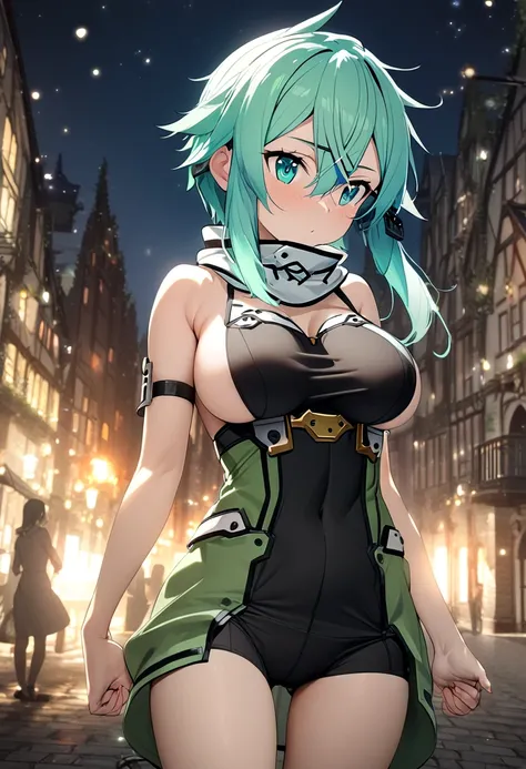 1girl, sinon, sword art online,large breast,turtleneck sleeveless gray sweater dress,subtly revealing sideboobs,knee-high socks,zattai_ryoiki,holding a hand-gun,the gun between breast,town,intimate expression,playful charm,masterpiece, best quality, absurd...