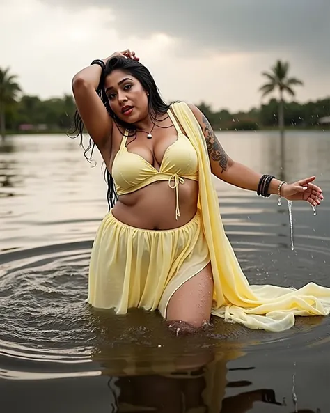 Looking at the viewer with sexy look, front view,Indian sexy bhabhi, wearing yellow glossy saree,tight yellow sleevless strapless bra, dancing outside in rain,dripped wet in rain, half drape saree,both hands on head showing dark hairy armpits,detailed wet ...