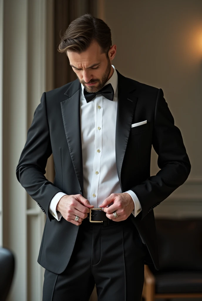 A man arranging the belt style on pants with focus on belt