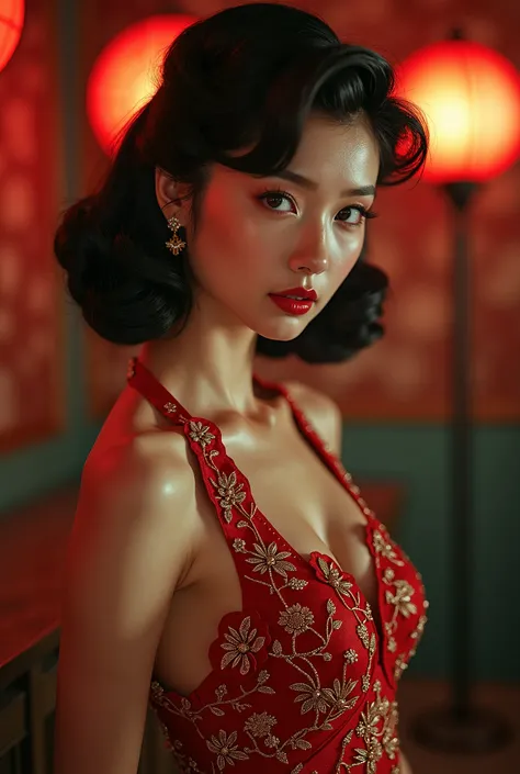 1950s style pin up photo, a beautiful asian woman in an evening gown, dramatic lighting, hyperdetailed, hyperrealistic, Technicolor color grading, rough texture