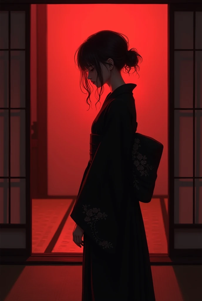  pretty girl,Mourning clothes,Black kimono, Darkness,Red Room,Tatami room