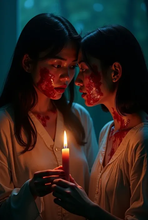 they are two women with blood on their faces and one is holding a candle, hyperrealistic nightmare scene, horror dramatic moment, cinematic. by leng jun, photorealistic horror, horror photo, hyper realism scary, shot on canon eos r5, captured on canon eos ...