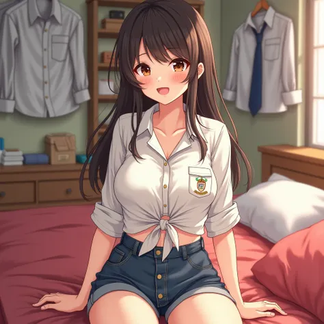 A beautiful cutie big breasts(((voluptuous curves,radiance skin)))lovely(((Japanese schoolgirl))) confidently (((made))) a fashion statement after school, in her bright warm light cozy bedroom, by tying the bottom hem of her bright white uniform shirt. Her...