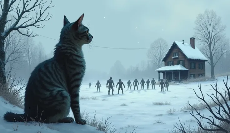 snowy air cat sees a house surrounded by zombies ,  in the distance.