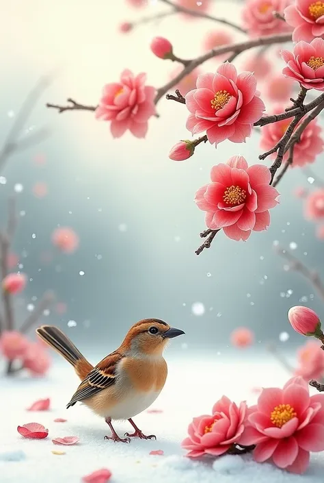 Outdoor、null、No humans、bird、Red Flower、 Scenery 、nature、snow、 spot color 、Mountain、winter、 Japanese architecture 、Sparrow、Sparrow pecks the ground、pecking food 、Camellia、 simple、Background Blur, moving line, Blur, Bloom,  Ukisei, 