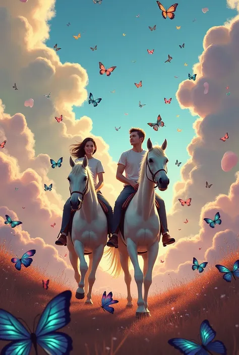 a picture wbutterflies in another planethere two huamns are riding 