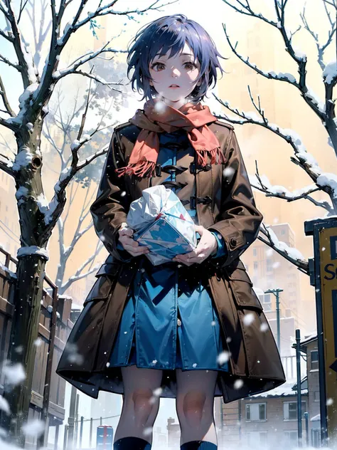 (masterpiece),( best quality), Yuki,  brown coat,  scarf, kneehighs, Blank Eyes, Expressionless face, Park,  , snow, snowing, tree, nature, 