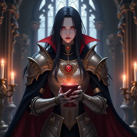 Vampire in armor taking blood in a cup,  Gothic, rpg, realistic anime 