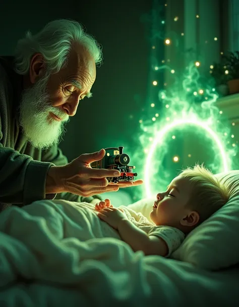 一只手穿过绿色的时空门将一辆玩具火车放到Sleeping child Pillow边， An old mans hand passes through a green space door ，Glowing toy train ，Sleeping child ，Pillow，Magical atmosphere， close-up， soft light， Best Quality ， fantasy art style ，masterpiece。