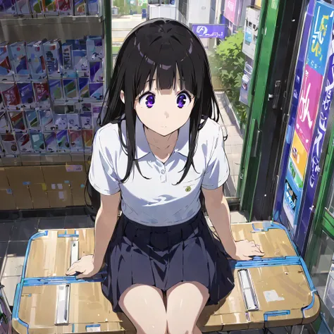 
#Quality (8K, Best Quality, Masterpiece, Movie), Solo, #1 Girl (Cute, Cute, Small, Black Hair, Ponytail Hair, Long Hair, Purple Eyes, Big Eyes, School Uniform, Sitting on a Bench, Waiting ) Convenience store, headphones, JK, high school student, looking a...