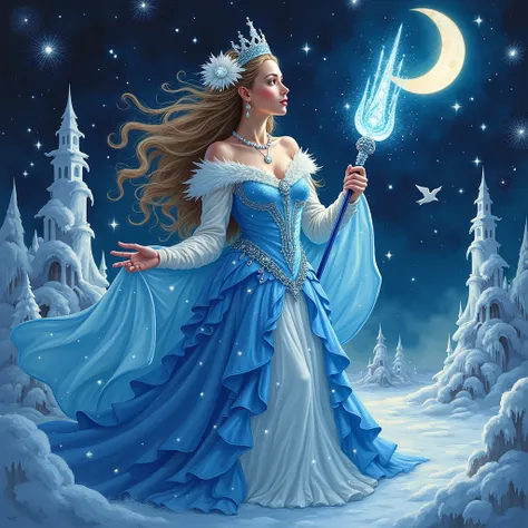 in the style of Josephine Wall, a beautiful sorceress in a rococo whirlwind dress holds an ice staff in her hands,on her head a crown and white flowers and pearls, a shield, snowdrifts, icicles,snowflakes,glitter,a dark sky stars and a crescent moon,in the...