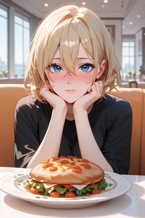 1girl, Blush, HD, Accurate, Short Hair, Blonde Hair, Hair Between Eyes, Blue eyes, Full-face Blush, on dinner date, looking at viewer , wearing black shirt