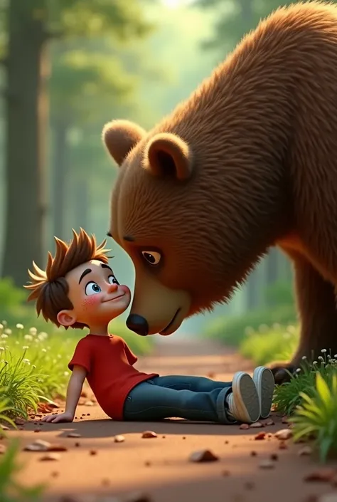 Ethan, , Male, Short, spiky brown hair, Fair-skinned with freckles, bright blue eyes, Bright red t-shirt, Blue jeans, White sneakers. Ethan is lying down, pretending die with closed eyes in forest path while sniffed by huge brown bear, 3D Pixar style