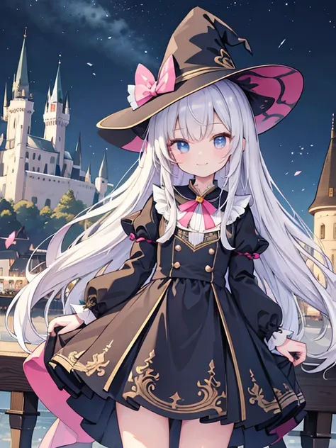 witch, smile,  standing, the cutest in the world ,  detail eyes,  detailed face , Wide々That castle ,  Europe, night,煌びやかなnight景, beautiful detailed glow photorealistic:2.0, masterpiece,  best quality,  very detailed,  from above