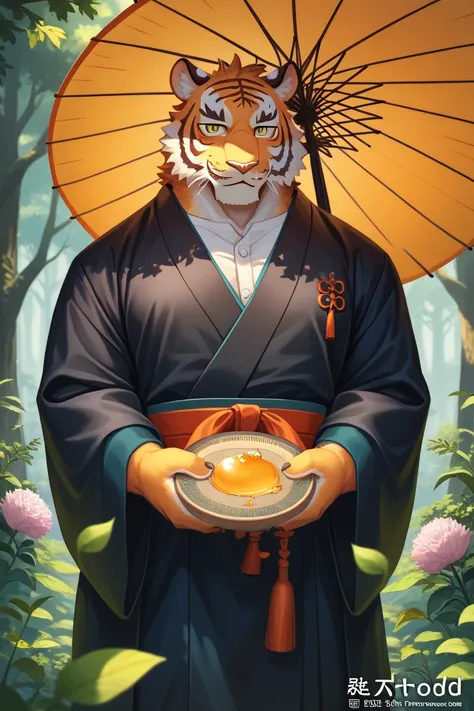 furry white tiger in a black kimono and holding an oil umbrella, a character portrait by Wasp, pixiv, furry art, trending on artstation pixiv, high quality fanart, official art, high quality portrait, detailed fanart, anime lush john 8k woods