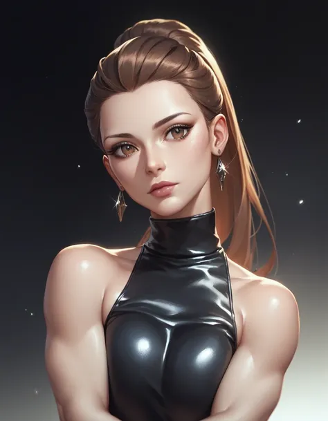 female black sleeveless leather turtleneck, bare shoulders, racerback, bare toned arms, beautiful faces, brown ponytail with showing forehead, long ponytail, black earrings, soft smooth skin, pale skin, black background, brown eyes, sci-fi, high contrast