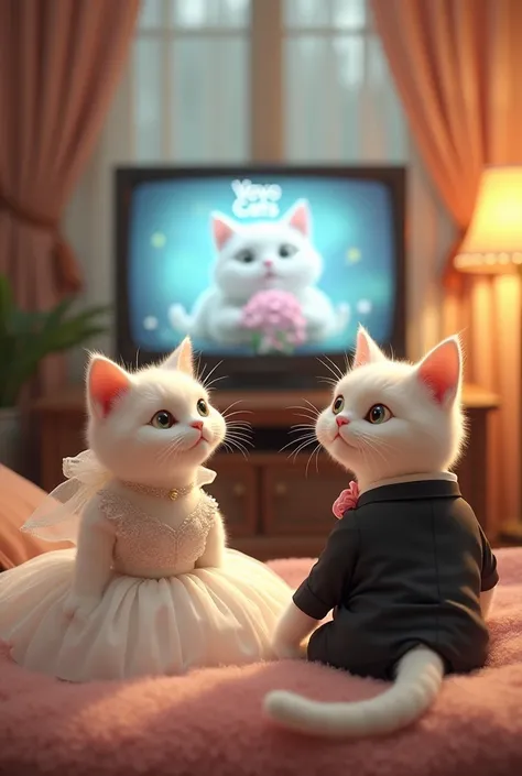 The Cute  white women cat with bride dress and cute man cat with three Peace dress. In a sweet room and watching "vevo cats" on tv.