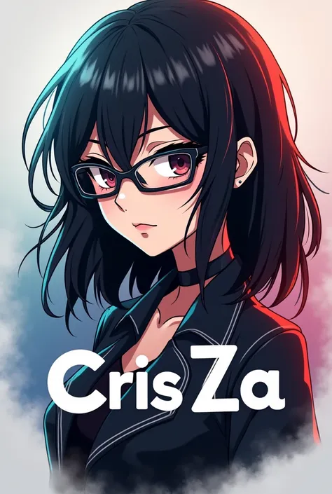 Generate a logo with my anime face and my call name Cris Za oum I want a girl anime like she have glasses and looks like clever mysterious and pretty also always the main lead the hair is black and she have sharp eyes medium long of hair  make the Logo Big...