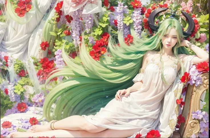  girl with long green hair sitting on a chair in a garden, painted in  painter studio, green flowing hair, style hyper detailed, beautiful woman style, pixiv style,photo style. 8k, made with  painter studio,  painter studio,realism artstyle,goddess, beauti...