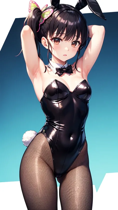 UHD, retina, textured skin, high quality, best quality, highres icon, 1080P, HD, 16k、 side　ponytail、 dark hair、Butterfly Hair Ornament 、tuyuri kanao、cute、 sexy、slim、playboy bunny, rabbit ears, black leotard, bowtie, Fishnet tights、arms up