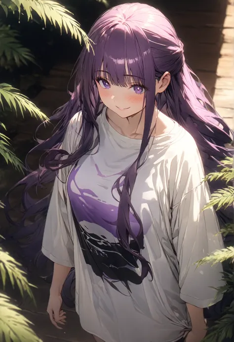 (masterpiece:1.2,  best quality), ( high definition),（fern）,purple long hair, oversized t-shirts , standing, smile, volumetric l...