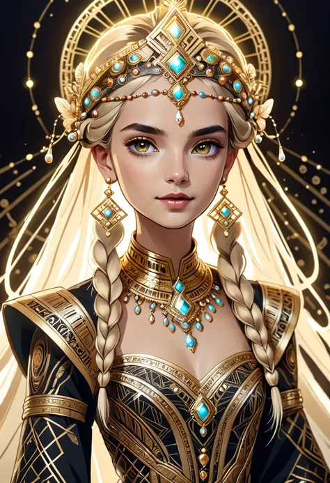 regal woman with braided gold hair adorned with glowing beads, wearing a structured metallic headdress and a dress with intricate geometric patterns, small breasts, waist-up, 