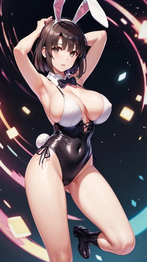 UHD, retina, textured skin, high quality, best quality, highres icon, 1080P, HD, 16k、katou megumi、 short　hair、dark　brown hair、 sexy、gigantic breasts、slim、playboy bunny, rabbit ears, black leotard, bowtie, Fishnet tights、arms up