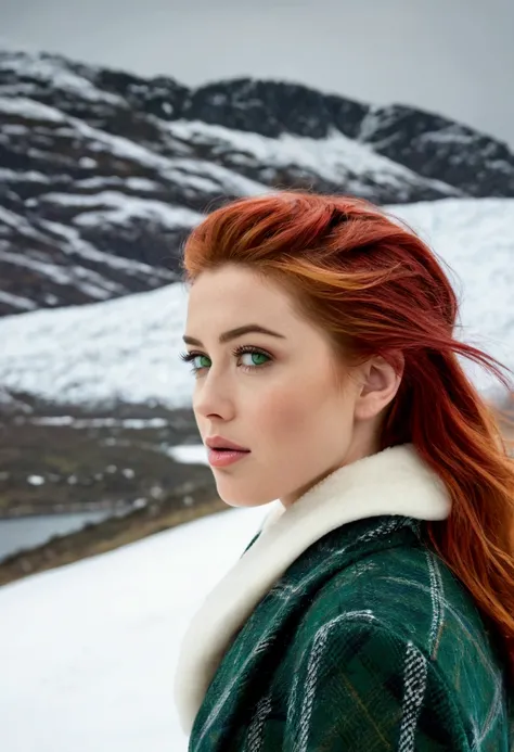 Red hair, green eyes, Amber Heard, pixie, Scottish highlands, snow scene