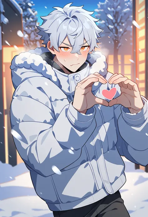 1boy, male focus, toned male, short hair, hair between eyes, grey hair, v-shaped eyebrows, tsurime, orange eyes, down jacket, blush, angry, heart hands, snow, outdoors, cowboy shot, source anime, score_9_up, best quality, amazing quality, best aesthetic, a...