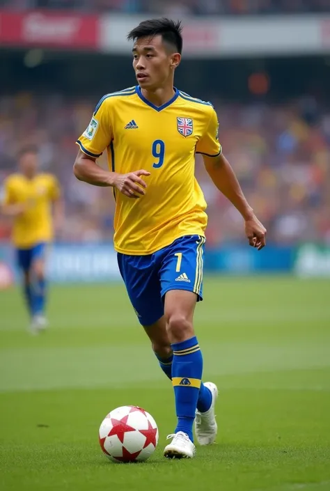 arafed soccer player in yellow and blue uniform on a soccer field, hoang long ly, quy ho, in style of lam manh, nivanh chanthara, ngai victo, dang my linh, bao pham, dzung phung dinh, dao trong le, nuttavut baiphowongse